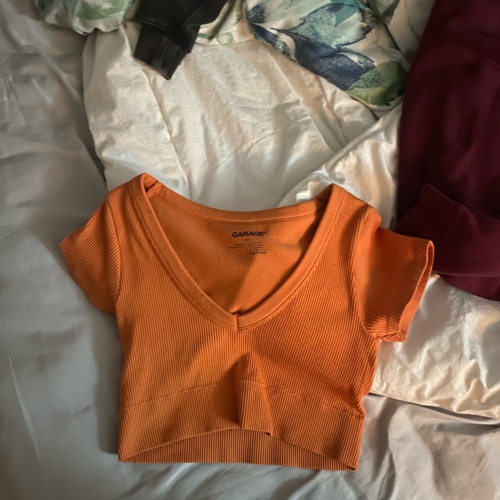 Garage Orange Ribbed V-Neck Top